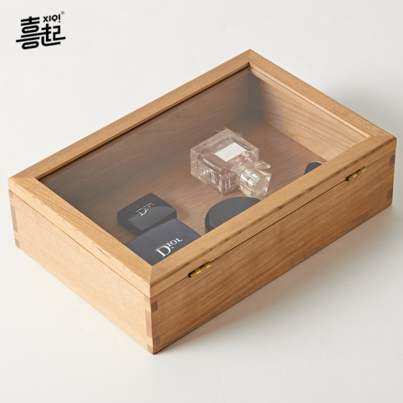 RI0T黑胡桃实木桌面防尘收纳盒透明玻璃展示盒木质首饰标本陈列盒