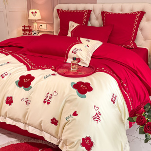 New wedding cotton 100 wedding four-piece set wedding room wedding cotton bed sheet bedding dowry quilt pillow 4