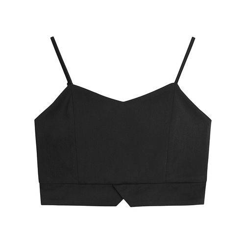 Women's black spaghetti strap backless camisole short sleeve top, with removable cups, versatile for wearing over or under a blazer, highlighting the collarbone and back.
