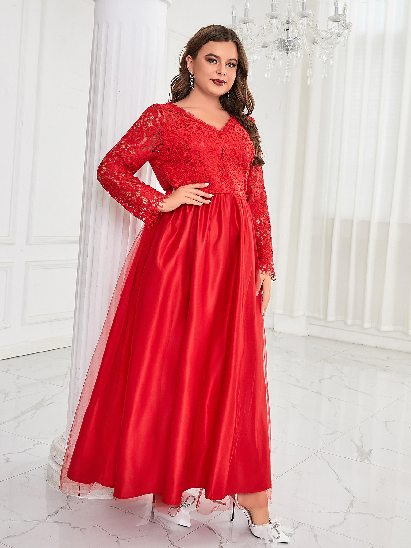 Vestido de talla grande, comercio exterior europeo y americano, nueva ropa de mujer, encaje de malla, vestido de novia de manga larga, vestido de noche, vestido largo image 2