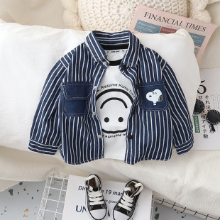 Boys' shirt 2023 baby clothes spring and autumn striped coat Western style Denim shirt children's fashionable shirt