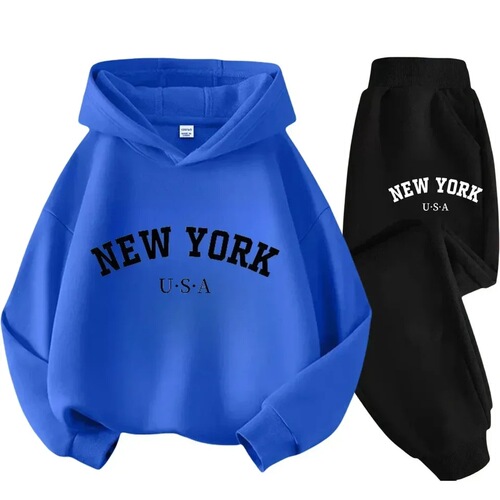Children's black sports outdoor letterprint hooded sweatshirt 3-12 years old boys and girls casual suit