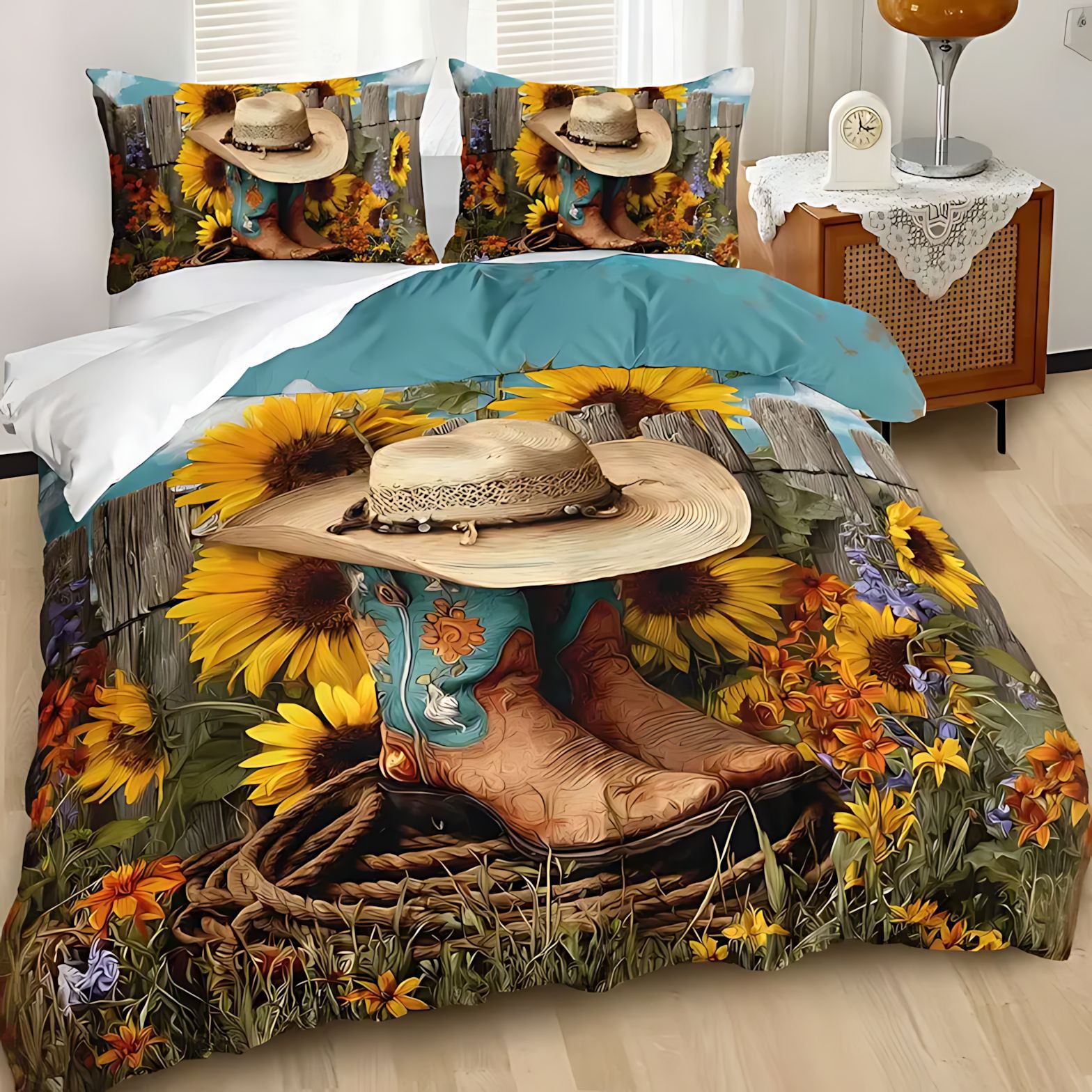 TEMU / JIT nuevo diseño de girasol vaquero transfronterizo impresión digital de alta definición abrasión cómodo conjunto de edredón