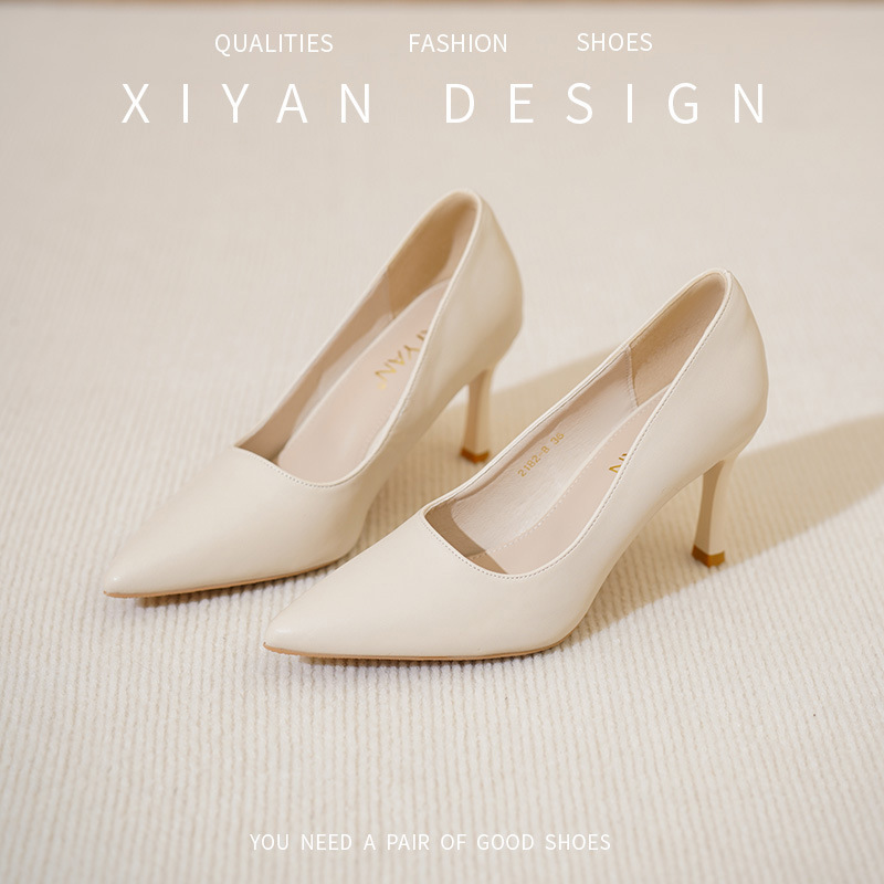 Xi Yan's Art Exam Broadcasting and Hosting Off-White Ceremonial High-Heeled Shoes for Women with Thin Heels That Are Not Tiring and Pointed Toes with Skirts and Flats Xi Yan's Art Exam Broadcasting and Hosting Off-White Ceremonial High-Heeled Shoes for Women with Thin Heels That Are Not Tiring and Pointed Toes with Skirts and Flats