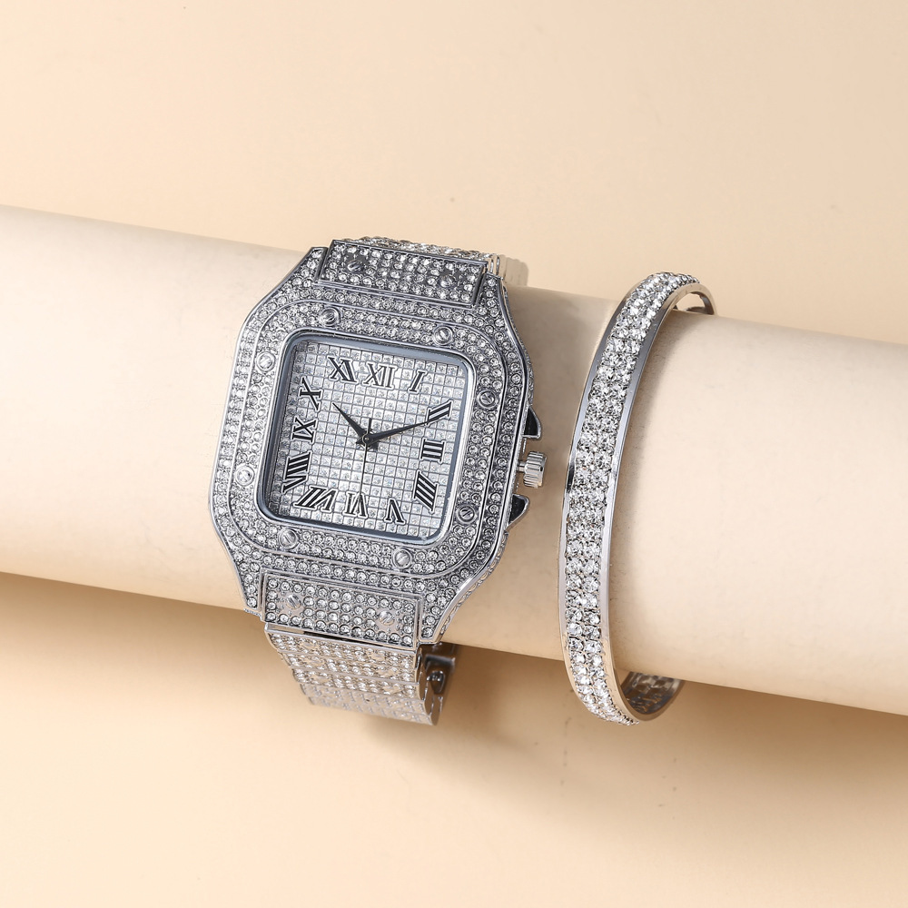 Casual trend personality square large dial full diamond steel belt quartz watch + bracelet (2pcs/set)_voghion.com