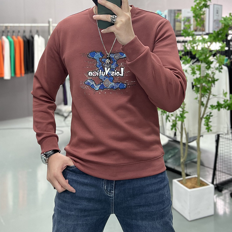 New European Heavy Industry Hot Drilling Spring and Autumn Sweatshirt Men's National Fashion Long-sleeved T-shirt Round Neck Pullover Top Fashion Slim-fit Fashion