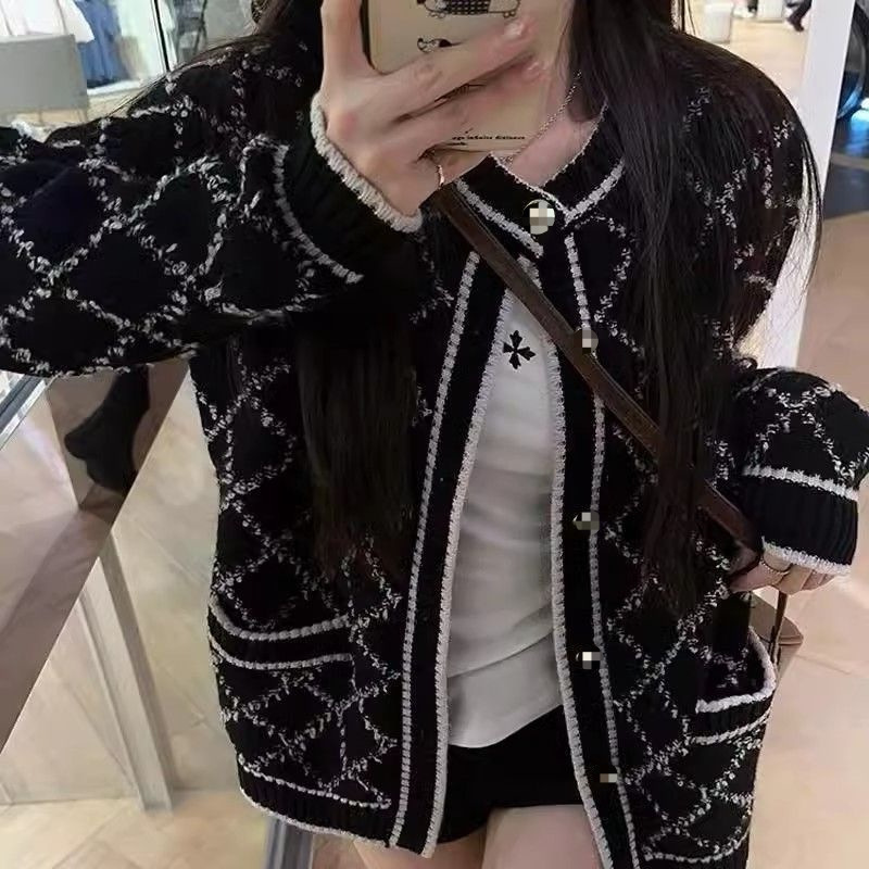 跨境超好看针织开衫外套秋冬季小香风设计感撞色菱格长袖毛衣女装|undefined