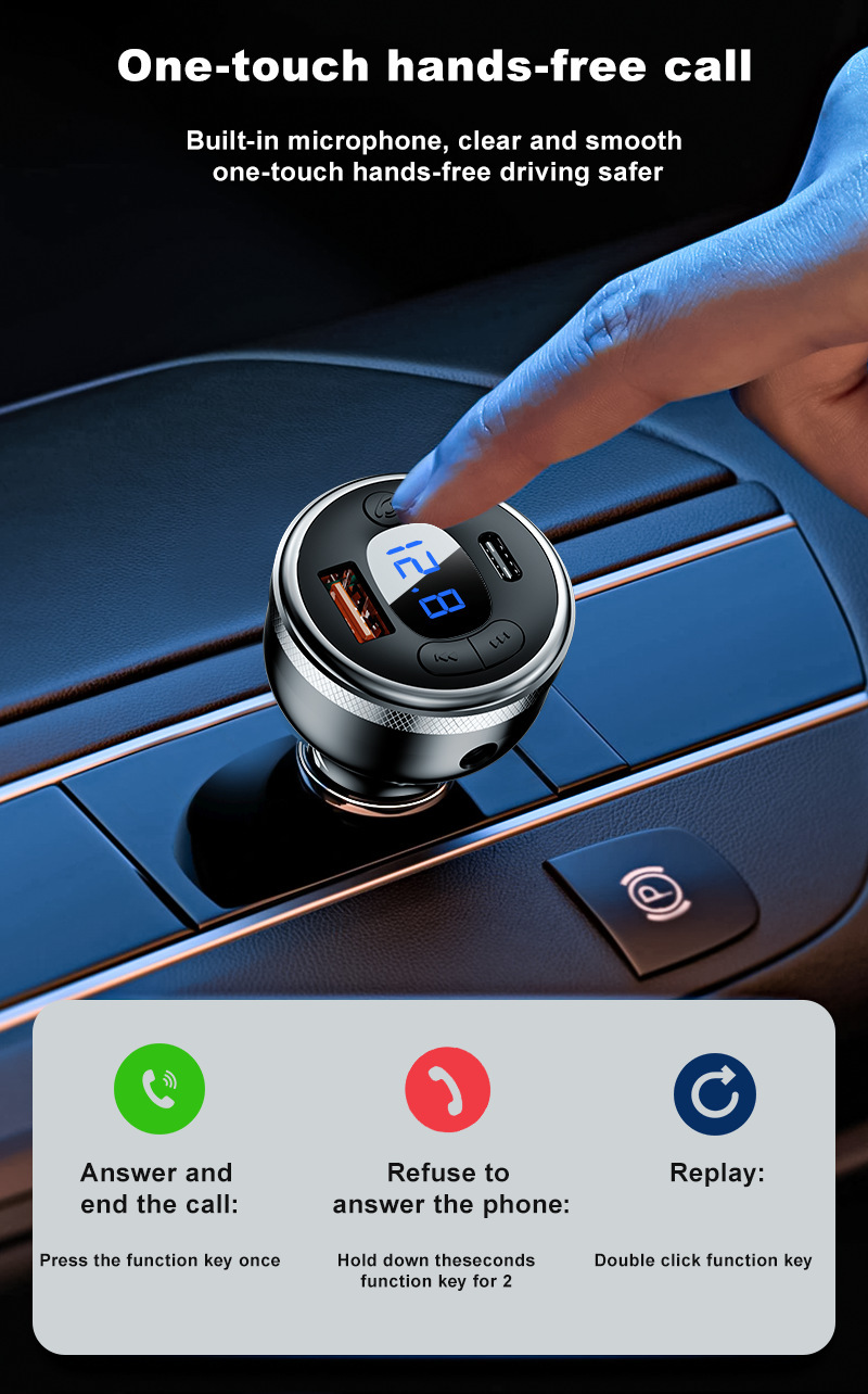 Cross-Border Bluetooth 5.0 Car Mobile Phone Charger Super Fast Charging Digital Display Mp3 Player USB Flash Drive Call Car Charger