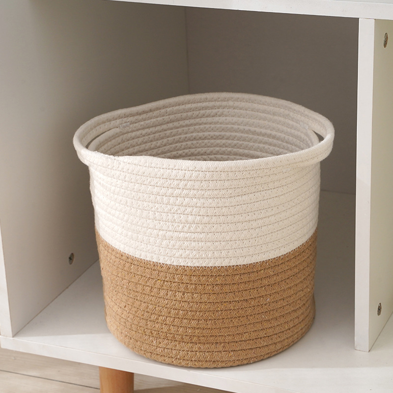 麻绳收纳篓两色拼接 现代家居多功能收纳筐 家居圆桶形收纳筐