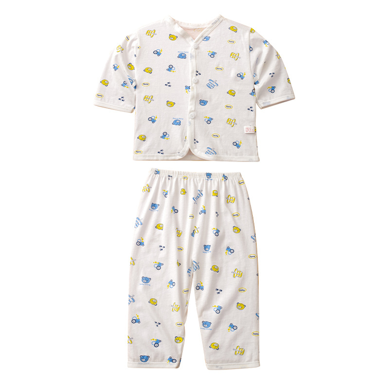 2023 primavera y verano Nueva Ropa interior de dibujos animados para el hogar hombres y mujeres traje de recién nacido Cuatro Estaciones de una sola cara Botón de algodón ropa de bebé