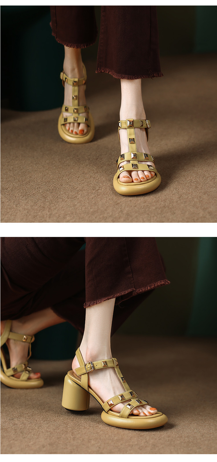 Sandal cao gót nữ mũi nhọn quai ngang đinh tán gót vuông 9 cm — màu đen, màu trắng ngà, màu vàng chi tiết 12
