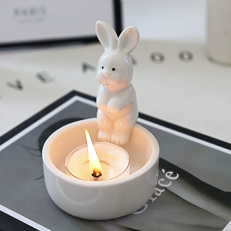 Ceramic rabbit candlestick, Nordic Easter ornament, tea‑light holder, 12×11×12 cm