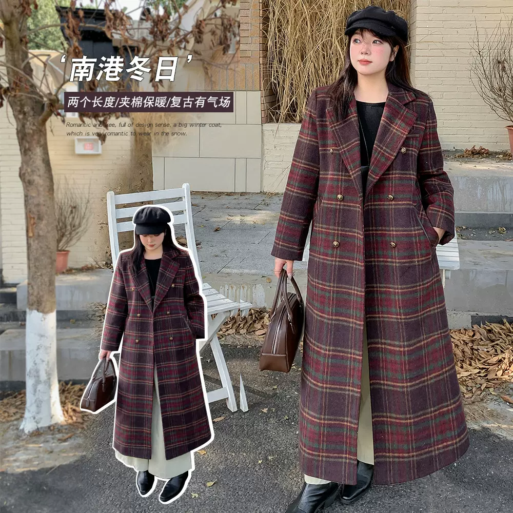 2435轩辰冬季新品大码格子呢大衣设计感微胖女装长款过膝加厚外套
