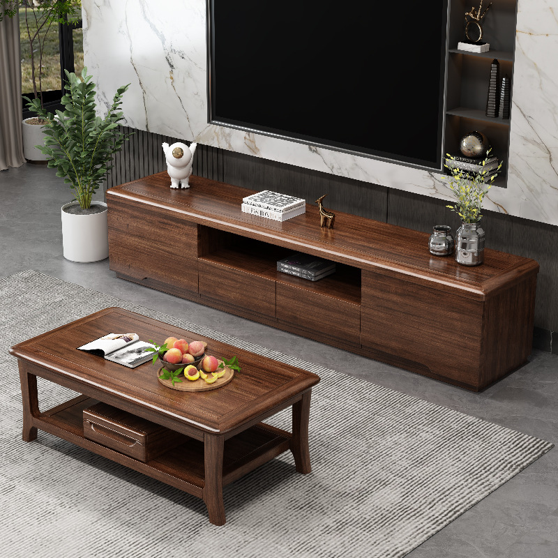 Solid Wood Walnut Coffee Table Tv Cabinet Combination Living Room Home New Chinese Style Floor-Standing Storage Storage Cabinet Integrated Low Cabinet