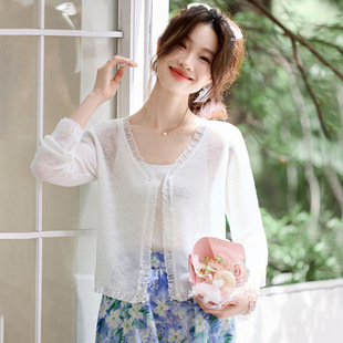 2025 New Summer Style Elegant Lace V Neck Splicing Knitted Cardigan Long-Sleeved Sun Protection Outer Slimming Look Air-Conditioned Shirt for Women