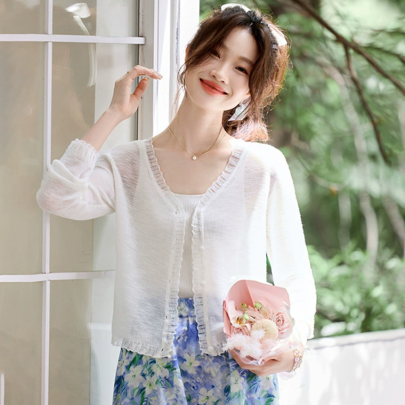 2025 новый летний стиль, элегантный кружевной вязаный кардиган с v-образным вырезом и длинными рукавами, защита от солнца, верхняя одежда для похудения, рубашка с кондиционером для женщин