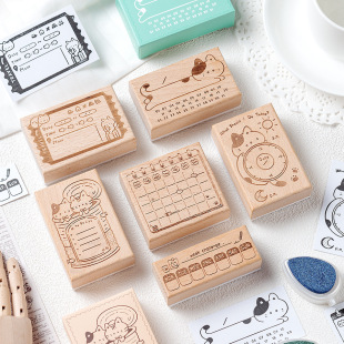 in stock Wooden Seal Retro Cute Cat Schedule Plan Hand Account Seal Wholesale Exquisite Memo Meow Box Series