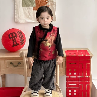 点兮冬季新款婴幼儿加绒加厚新中式盘扣马甲套装男宝宝年服三件套