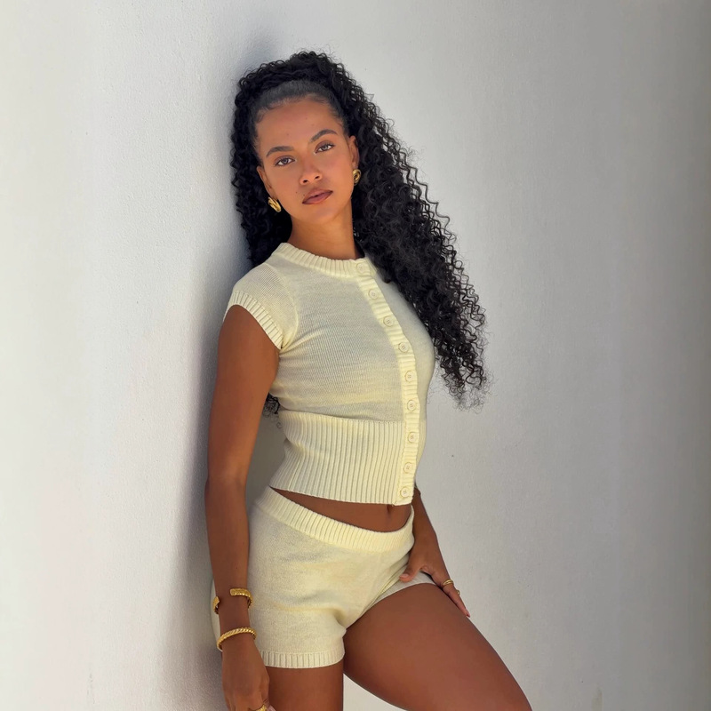 2026 Cross-Border Wholesale Shorts Two-Piece Set Solid Color Round Neck Single-Breasted Short-Sleeve Versatile Casual Knit Shorts Set 2026 Cross-Border Wholesale Shorts Two-Piece Set Solid Color Round Neck Single-Breasted Short-Sleeve Versatile Casual Knit Shorts Set