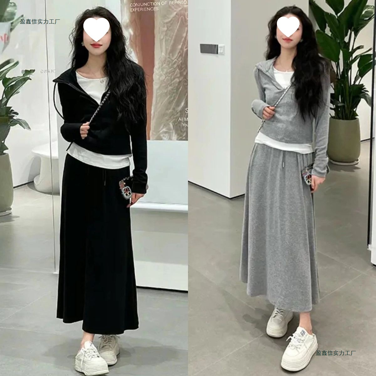 大码时尚穿搭一整套秋季新款胖MM休闲运动假两件卫衣半身裙两件套