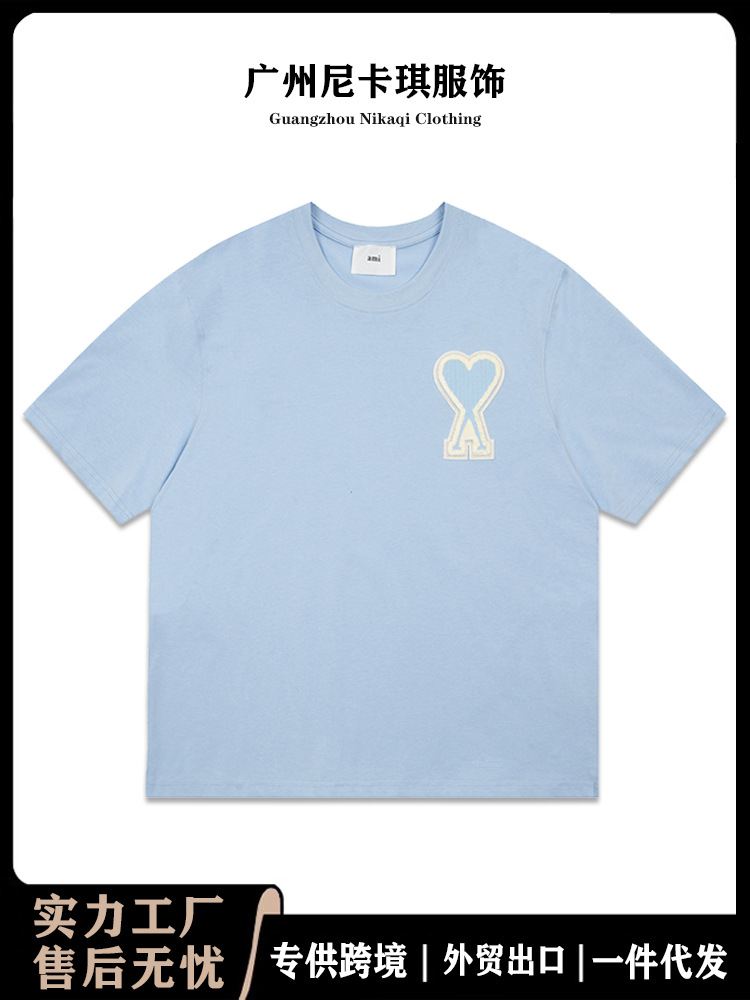 Ami半袖2025年春夏新作刺繍大愛ゆったり丸襟半袖男女同柄tシャツ上着