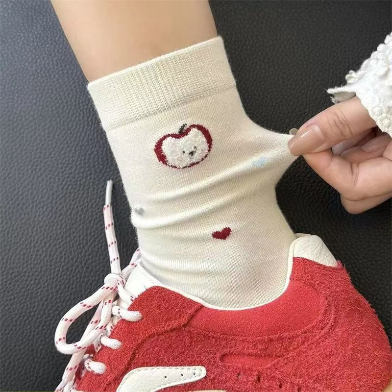 Spring and Summer Socks for Women, Made of Xinjiang Cotton, White Mid-Calf Socks, Trendy Ins-Style, Japanese Cartoon Academy Style Long Socks, Anti-Pilling