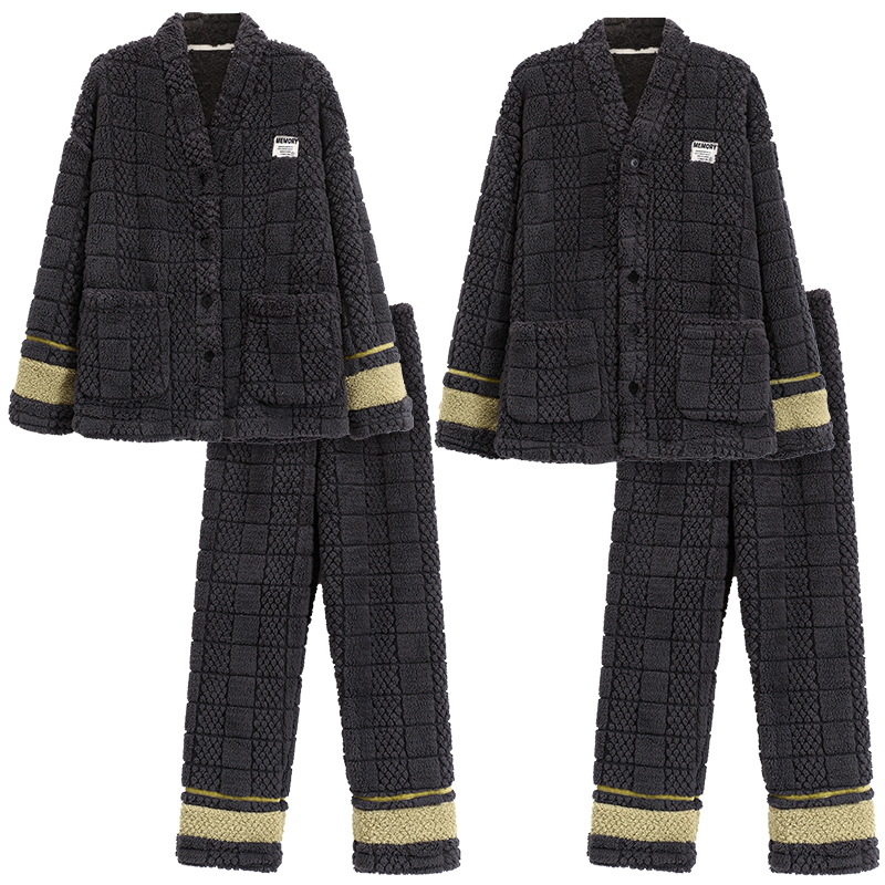 Coral polar pareja pijamas de invierno de las mujeres de manga larga kimono japonés con cuello en V estilo coreano de dibujos animados lindo traje de homewear de los hombres