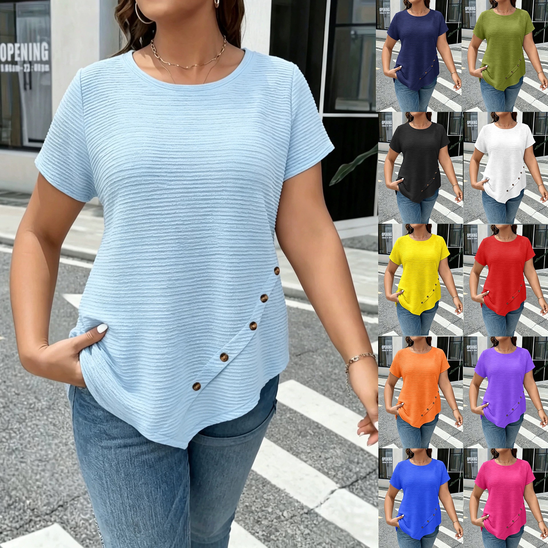 European and American Cross-Border Elegant Textured Fabric Solid Color Loose Fit Short-Sleeve Casual T-Shirt with Asymmetrical Hem for Women