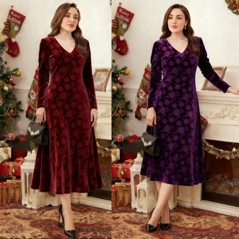 2027 Cross-border Amazon Independent Store Gold Velvet V-neck Dress Autumn/Winter Long Dress 3D Embossed Long Sleeve Women's Dress