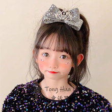 新款韩版高级感银色亮片蝴蝶结皇冠发夹儿童宴会派对主角宝宝发饰