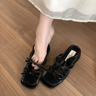 Mary Jane Closed-Toe Mules Summer Square-Toe Elegant French Style 2025 New Bow Mules Women's Shoes