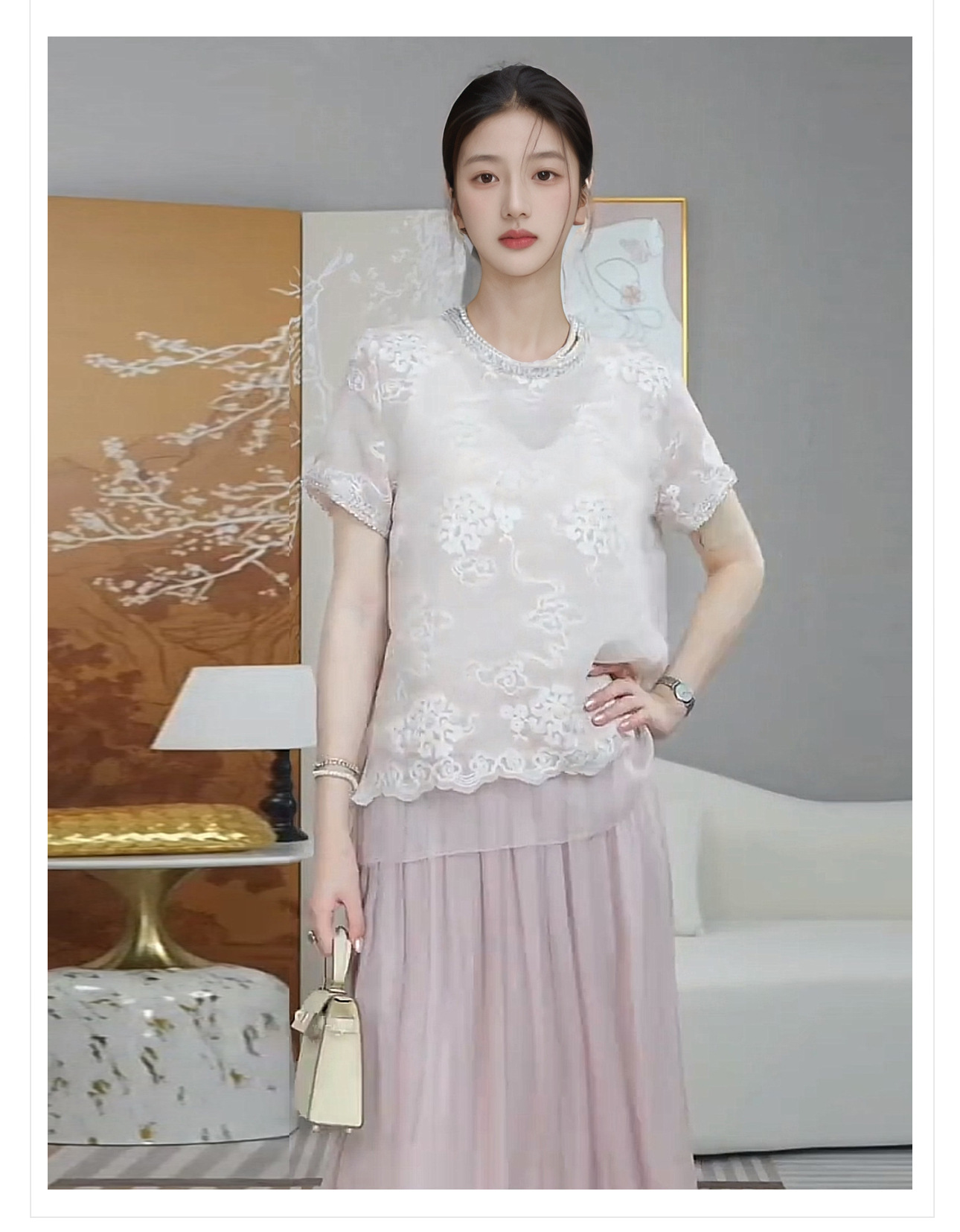 Bộ áo sơ mi và chân váy phong cách Trung Hoa mới, đính cườm tỉ mỉ, chất liệu cao cấp mùa hè — Quả mơ [Top], Màu hồng [trên cùng] chi tiết 3