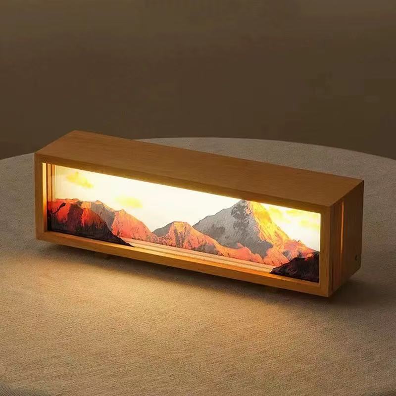 Rechargeable Gradient Led Lamp with Touch Sensor, Bedroom Bedside Lamp, Mountain Micro-Landscape, Simple Solid Wood Night Light