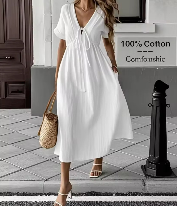 Elegant V-Neck Flowy Midi Dress - Soft Cotton Summer Dress For Women, Comfortable Loose Fit Casual & Office Wear (Available In 8 Colors)_ecoleips.com