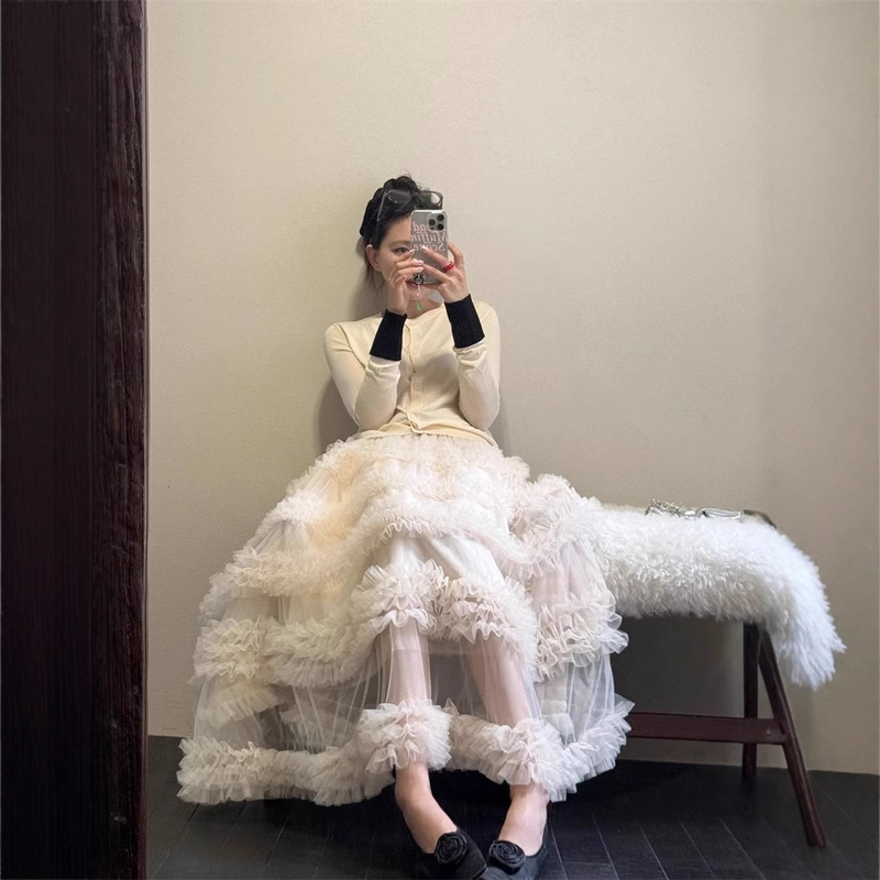 2025 Niche Fairy Atmosphere Long Dress Korean Style Simple Mesh Stitching Layer-by-Layer Cake Stacked Skirt 4809