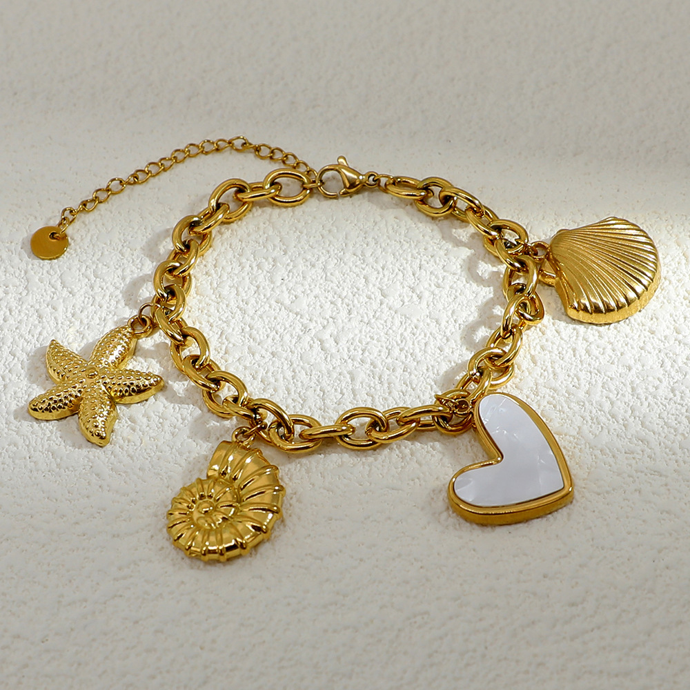 304 Stainless Steel Chain Material 1 Piece Quantity PVD Coated Real Gold Plated Starfish Conch Heart Shape 304 Stainless Steel Marine Style IG Waterproof Non Tarnish Bracelets