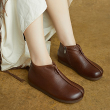 复古短靴女2025秋冬新款原创小众设计真皮妈妈靴子圆头平底高帮鞋