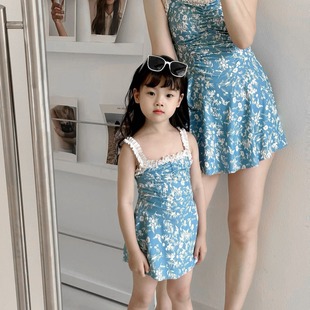 Parent-child Swimwear Fashion Floral Ear-rimmed Beautiful Back Sleevel Women's Swimwear Big Kids Mother and Daughter Swimwear