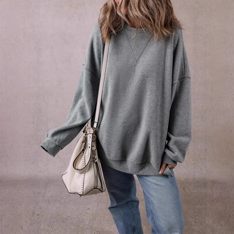 European and American Simple Versatile Solid Color Round Neck Sweatshirt for Women 2025 Winter New Loose Fit, Flattering, Drop Shoulder Knit Pullover European and American Simple Versatile Solid Color Round Neck Sweatshirt for Women 2025 Winter New Loose Fit, Flattering, Drop Shoulder Knit Pullover