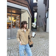 实拍2025秋季新款仿麂皮绒铆钉休闲复古重工垫肩短款夹克机车服女