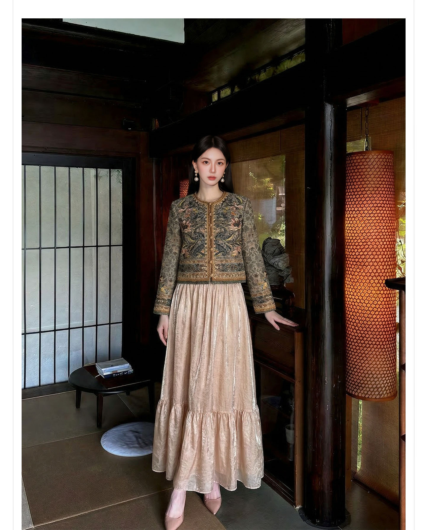 Bộ váy áo khoác + đầm maxi thắt eo phong cách Tân Trung Hoa, họa tiết jacquard nổi bật — nửa váy, Trang chủ, áo khoác chi tiết 11