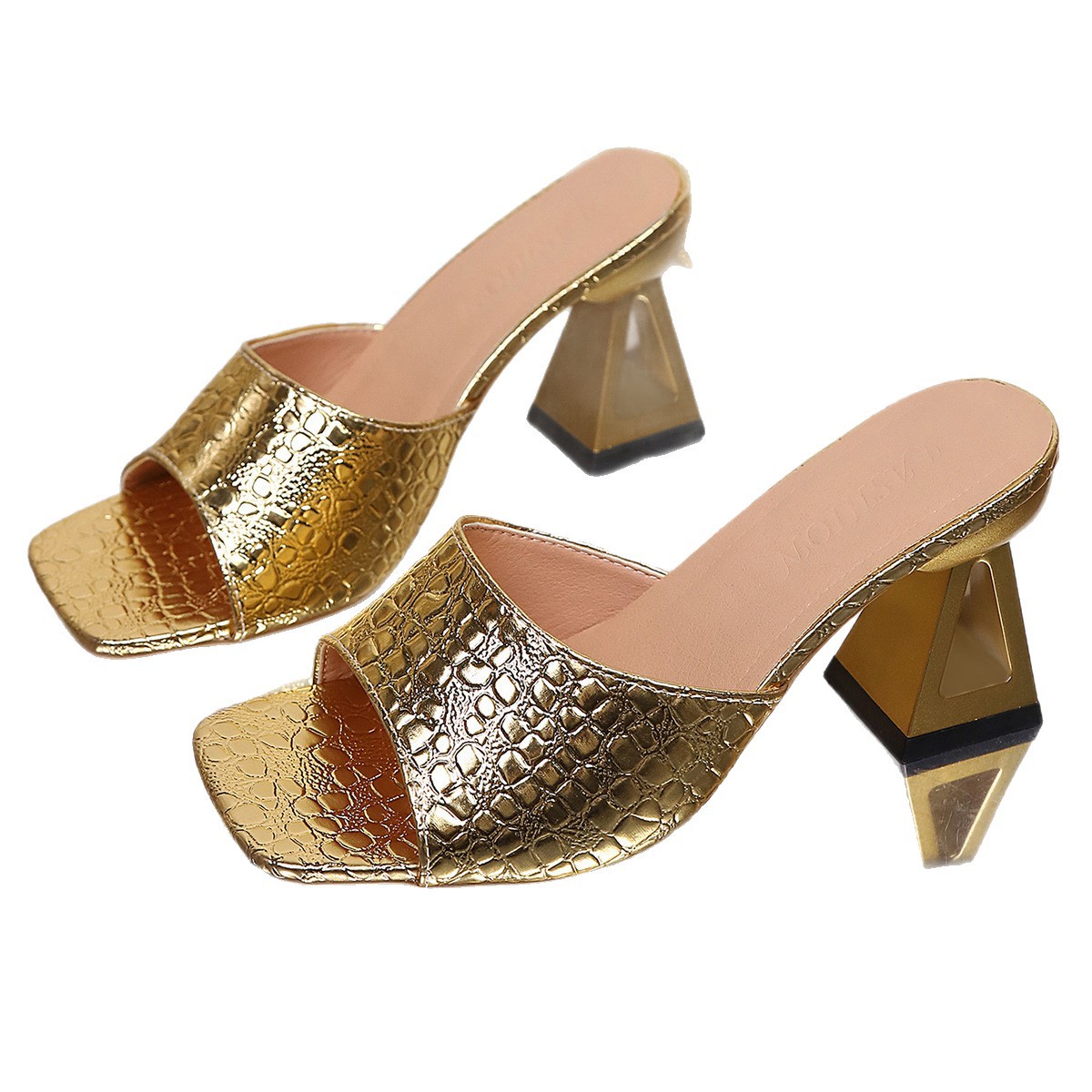 Women's Square Toe High Heel Slippers With Stone Pattern Casual_voghion.com