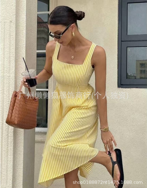 2025新款欧美跨境亚马逊女士条纹无袖时尚休闲连衣裙|undefined