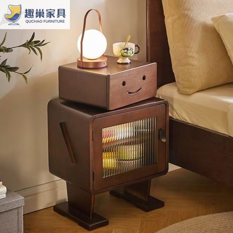 Solid Wood Bedside Table Bedside Storage Cabinet Living Room Side Cabinet Creative Cute Robot Cabinet Bedroom Storage Storage Cabinet