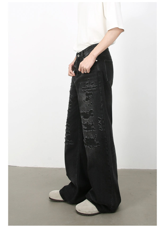 Quần jean nam ống rộng denim rách giặt cũ phong cách đường phố — Màu xanh lam, Đen xám chi tiết 16