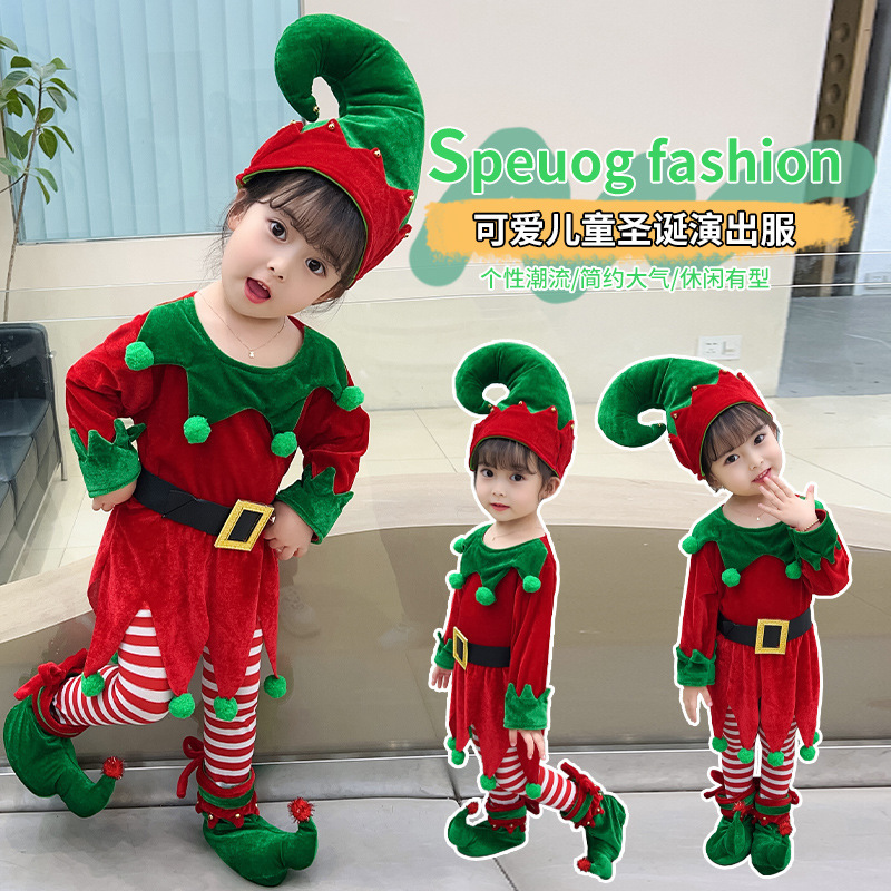 儿童圣诞服装女童连衣裙红色绿色精灵圣诞节主题婴幼儿写真服装