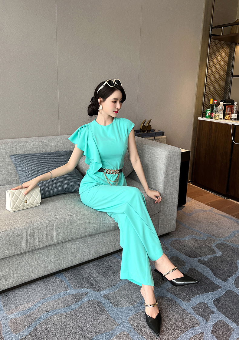 Bộ hai món áo ôm eo phối quần ống rộng cạp cao — Màu xanh nước hồ chi tiết 8