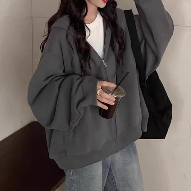 纯色连帽卫衣女春秋季新款oversize薄款外套韩版潮慵懒开衫上衣|undefined