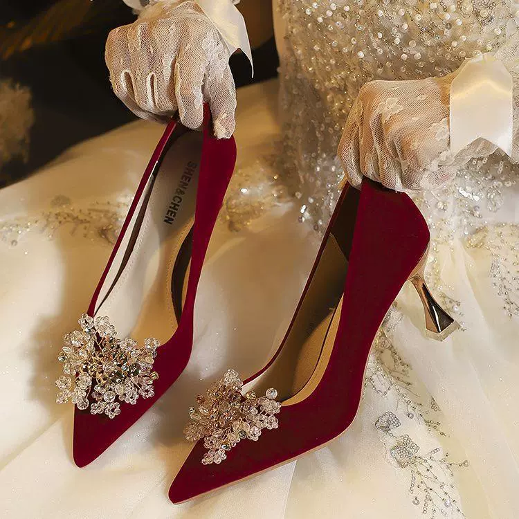 Хрустальный бриллиант цветок новые свадебные туфли женские красные