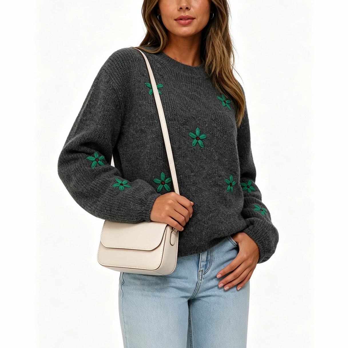 European and American retro green flower embroidered round neck sweater for women autumn and winter lazy style loose pullover sweater cross-border